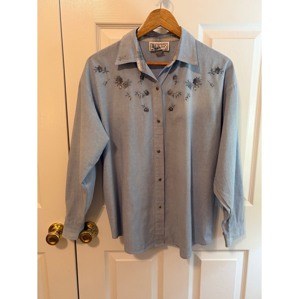 Gina Peters Sport Vintage Floral Embroidered Button Down Shirt Blue Medium